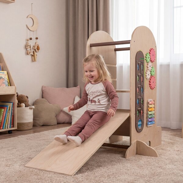 Costway Torre montessoriana per bambini con 5 in 1 scala regolabile in altezza in legno, Sgabello a scaletta lavagna scivolo sgabello e giochi
