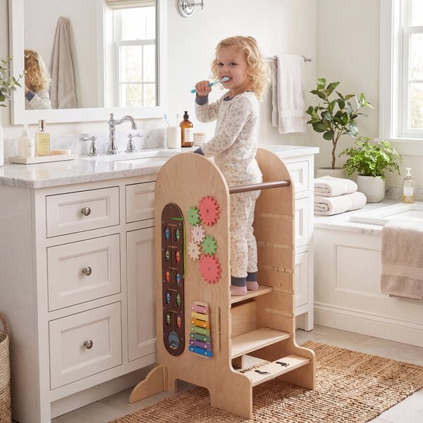 Costway Torre montessoriana per bambini con 5 in 1 scala regolabile in altezza in legno, Sgabello a scaletta lavagna scivolo sgabello e giochi