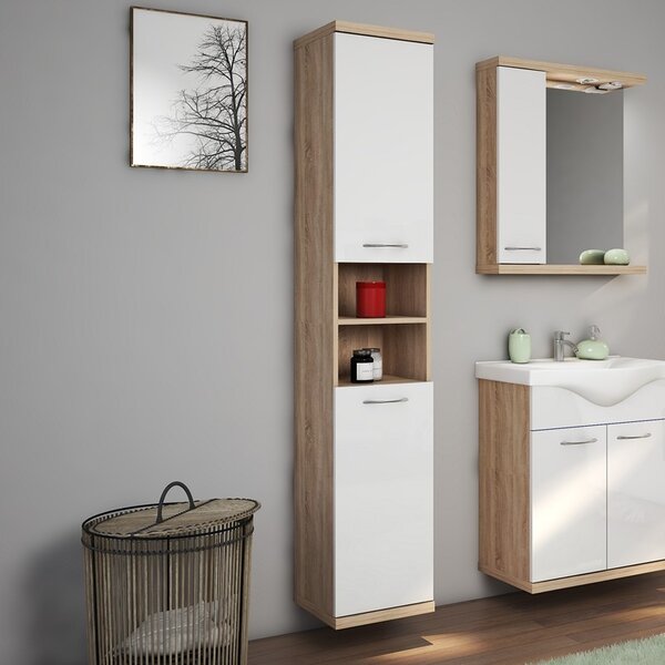 Kamalu composizione bagno a terra o sospesa 65 cm bicolore bianco e legno chiaro | lac-estia-65