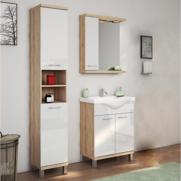 Kamalu mobile bagno a terra o sospeso 65 cm bicolore bianco e legno chiaro | lac-estia-65