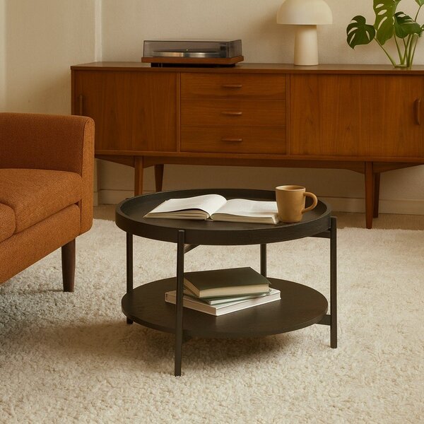 Tavolino da salotto rotondo nero con effetto rovere ø 64 cm Hagen – Bonami Essentials