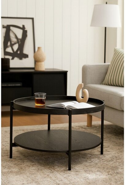 Tavolino da salotto rotondo nero con effetto rovere ø 64 cm Hagen – Bonami Essentials