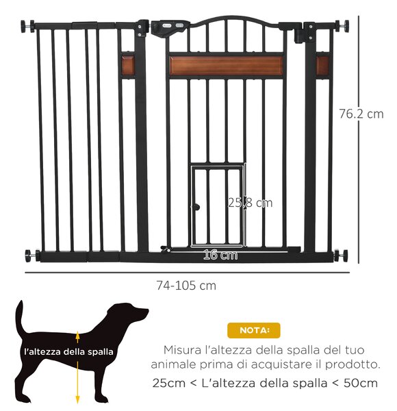 PawHut Cancelletto per Cani di Taglia Media e Piccola con Chiusura Automatica, 74-105x76.2 cm, Nero | Aosom Italy
