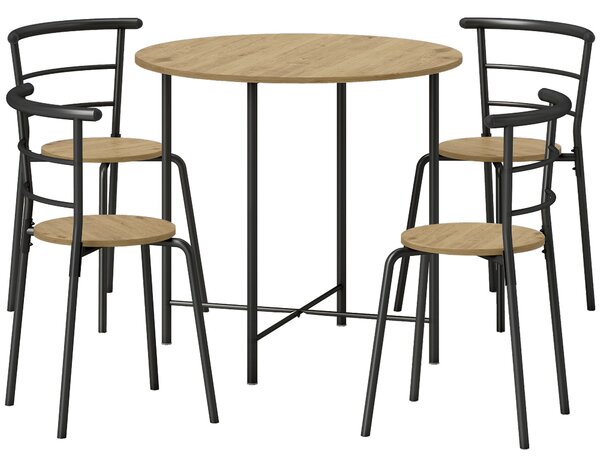Set Tavolo da Pranzo Rotondo Stile Industriale con 4 Sedie Salvaspazio in Legno e Metallo