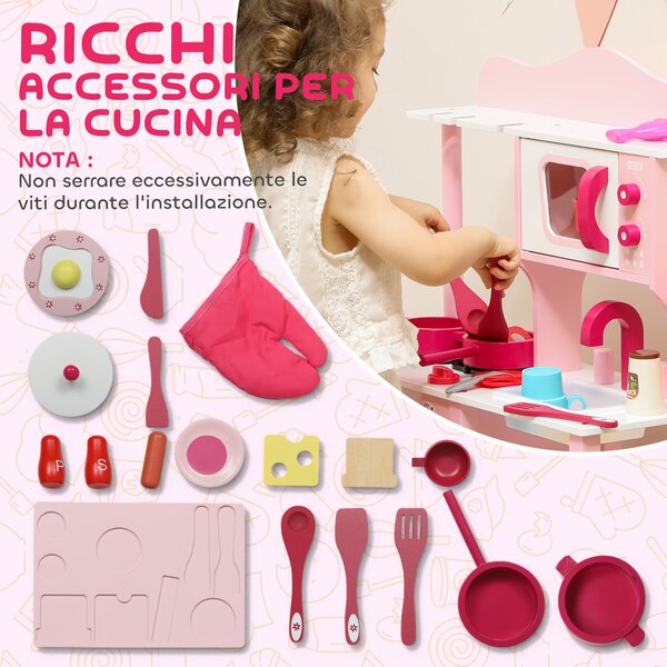 AIYAPLAY Cucina Giocattolo per Bambini 3+ Anni con Microonde, Piano Cottura e Lavandino, in Legno, 55x24x86 cm, Rosa | Aosom Italy