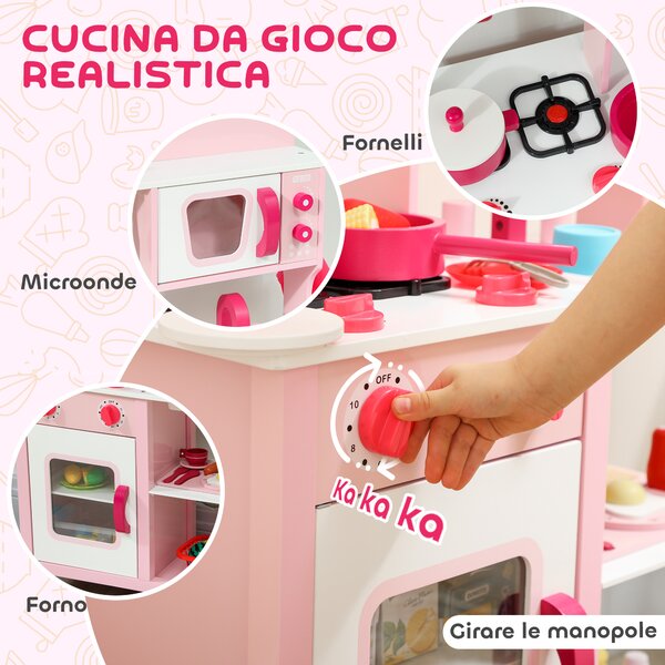 AIYAPLAY Cucina Giocattolo per Bambini 3+ Anni con Microonde, Piano Cottura e Lavandino, in Legno, 55x24x86 cm, Rosa | Aosom Italy
