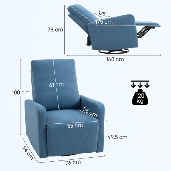 HOMCOM Poltrona Relax Reclinabile Manualmente a 135°, Girevole a 360° con Funzione Dondolo, Blu | Aosom Italy