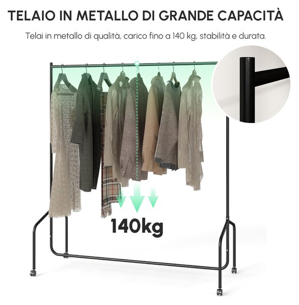 HOMCOM Rella Appendiabiti Attaccapanni in Metallo, Stand per Vestiti con Rotelle, Nero, 150x60x170cm|Aosom