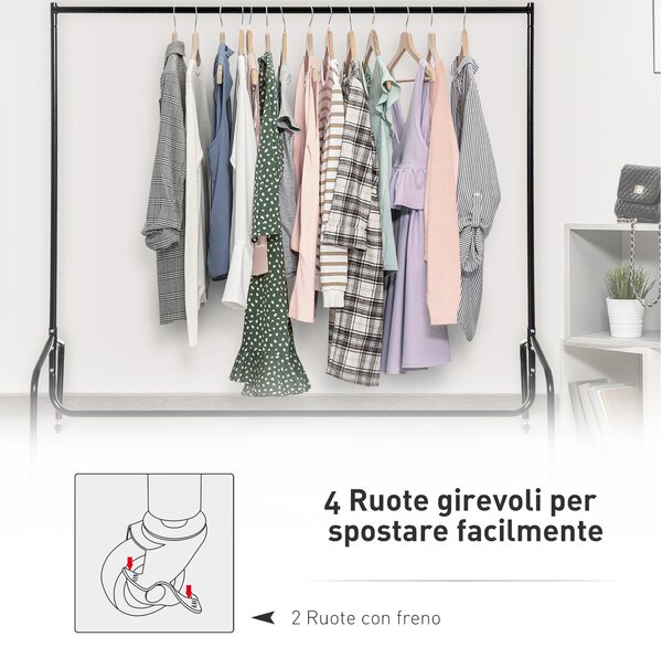 HOMCOM Rella Appendiabiti Attaccapanni in Metallo, Stand per Vestiti con Rotelle, Nero, 150x60x170cm|Aosom