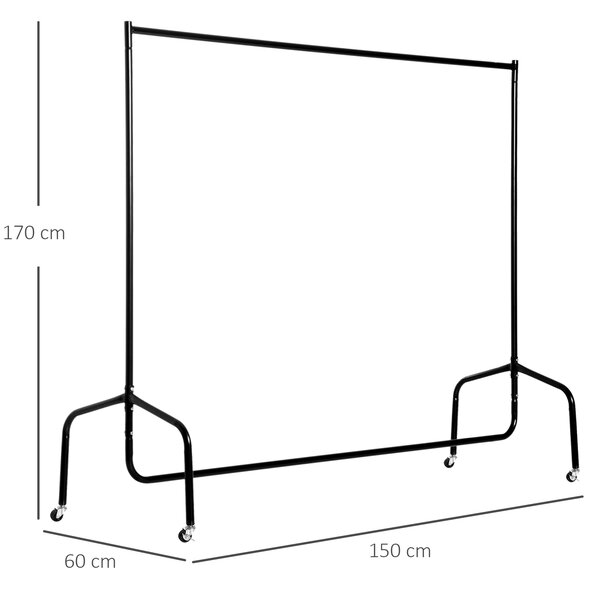 HOMCOM Rella Appendiabiti Attaccapanni in Metallo, Stand per Vestiti con Rotelle, Nero, 150x60x170cm|Aosom