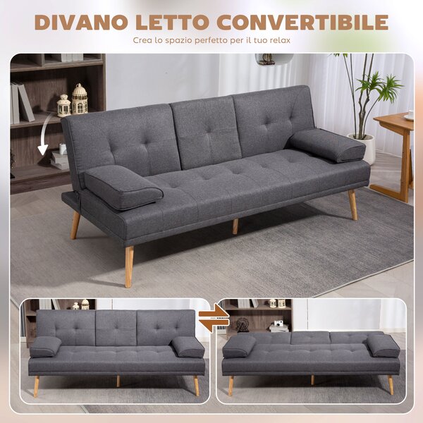 HOMCOM Divano Letto 3 Posti Reclinabile con 2 Braccioli Staccabili, in Tessuto Effetto Lino e Legno di Pioppo, 181x77x72 cm, Grigio scuro|Aosom