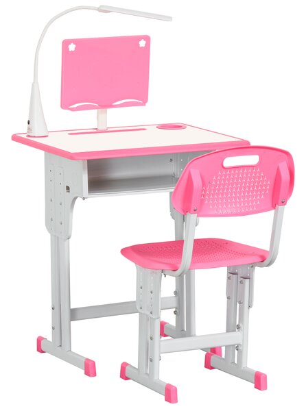 HOMCOM Banco Scuola con Sedia per Bambini 6-12 Anni Altezza Regolabile, Lampada LED, Leggio e Portapenne, Acciaio e MDF, Rosa|Aosom