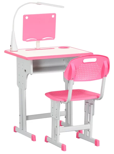 HOMCOM Banco Scuola con Sedia per Bambini 6-12 Anni Altezza Regolabile, Lampada LED, Leggio e Portapenne, Acciaio e MDF, Rosa|Aosom