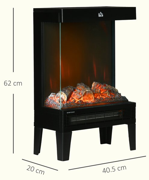 HOMCOM Camino Elettrico 1000W / 2000W con Fiamma LED Realistica e Controllo Temperatura, 40.5x20x62 cm, Nero|Aosom