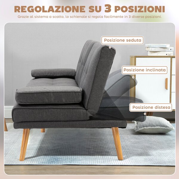 HOMCOM Divano Letto 3 Posti Reclinabile con 2 Braccioli Staccabili, in Tessuto Effetto Lino e Legno di Pioppo, 181x77x72 cm, Grigio scuro|Aosom