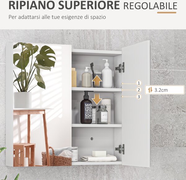 Kleankin Armadietto a Specchio a 3 Ripiani Interni Regolabili, in Legno e Vetro, 60x15x60 cm, Bianco | Aosom Italy