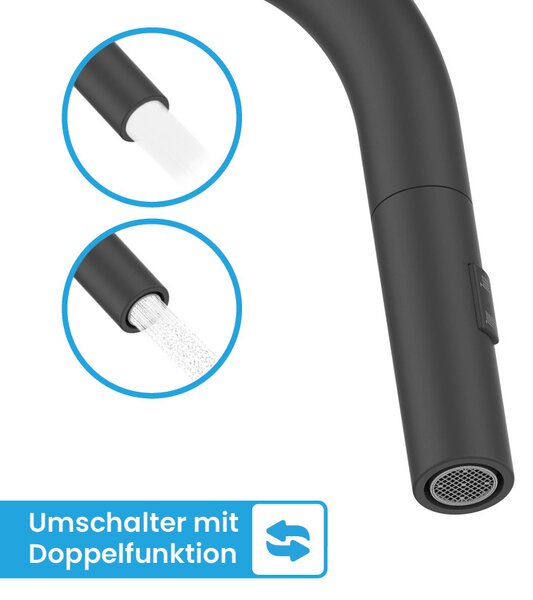 Rubinetto da cucina Bächlein girevole a 360 gradi colore nero opaco - miscelatore monocomando per lavello con tubo estraibile e spruzzo con pulsante di commutazione, rubinetto da cucina