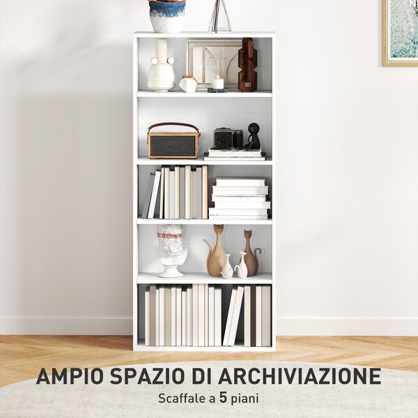 HOMCOM Mobile Libreria a 5 Ripiani con 3 Scaffali Flessibili, in Legno, 60x24x133.5 cm, Bianco