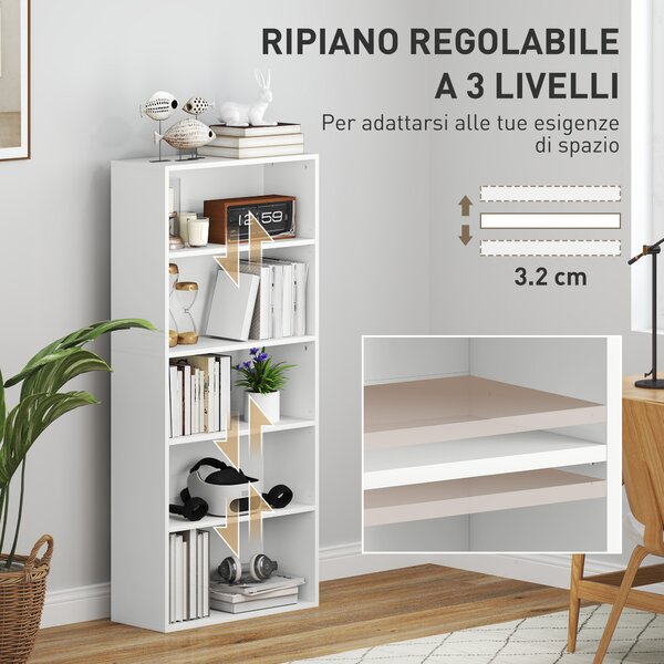HOMCOM Mobile Libreria a 5 Ripiani con 3 Scaffali Flessibili, in Legno, 60x24x133.5 cm, Bianco