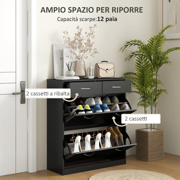 HOMCOM Mobile Scarpiera da 12 Paia con 2 Ripiani Interni Regolabili e 2 Cassetti, in Legno, 80x30x91.5 cm, Nero
