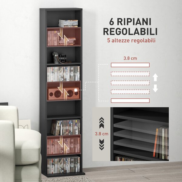 HOMCOM Scaffale Porta CD con 6 Ripiani Regolabili, Capacità di 260 CD/120 DVD, 33x24x140 cm, Nero