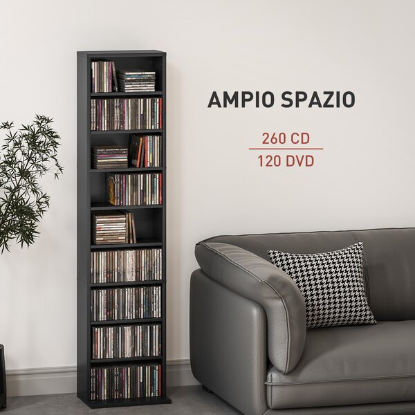 HOMCOM Scaffale Porta CD con 6 Ripiani Regolabili, Capacità di 260 CD/120 DVD, 33x24x140 cm, Nero