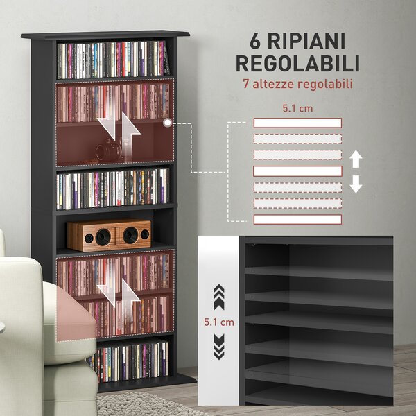 HOMCOM Mobile Scaffale Porta CD con 6 Ripiani Regolabili, Capacità di 360 CD/185 DVD, Design Moderno in Legno 58x24x124.5 cm, Nero|Aosom Italy