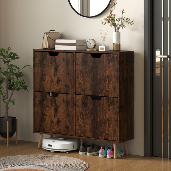 Mobile Scarpiera per 16 Paia di Scarpe 95x26x95 cm con 4 Cassetti Ribaltabili in Legno Marrone