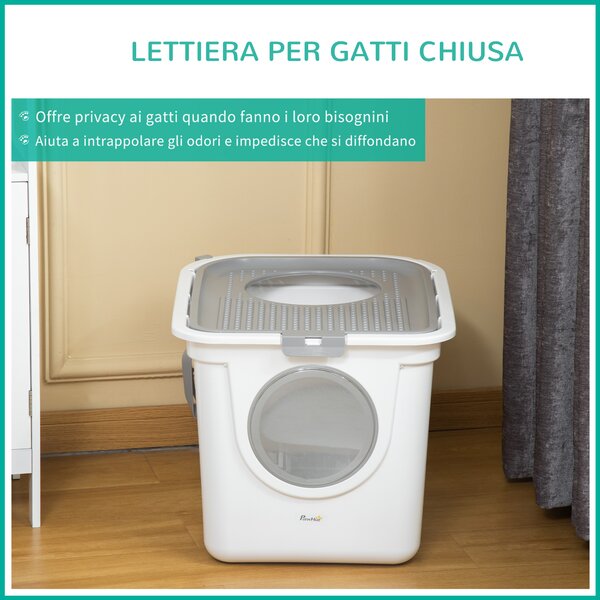 PawHut Lettiera per Gatti Chiusa a 2 Ingressi con Vassoio e Paletta, in Plastica PE, 44x55x39 cm, Bianco