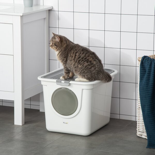 PawHut Lettiera per Gatti Chiusa a 2 Ingressi con Vassoio e Paletta, in Plastica PE, 44x55x39 cm, Bianco