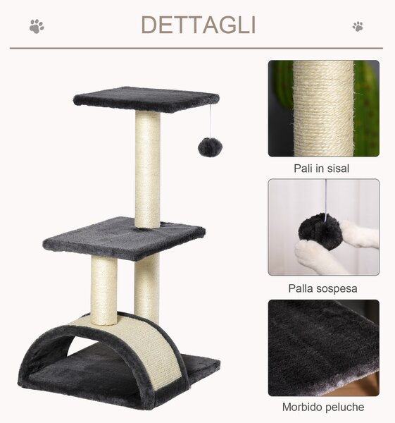 PawHut Albero per Gatti a 3 Livelli con Tappetino Tiragraffi ad Arco, in Legno, Peluche e Sisal, 40x35x72 cm, Grigio