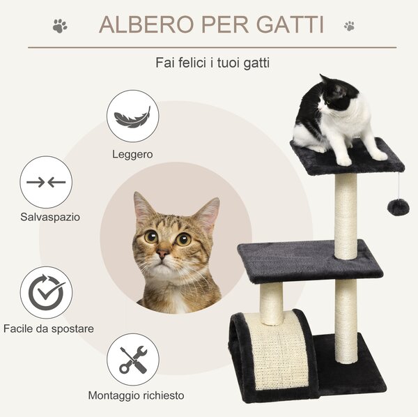PawHut Albero per Gatti a 3 Livelli con Tappetino Tiragraffi ad Arco, in Legno, Peluche e Sisal, 40x35x72 cm, Grigio