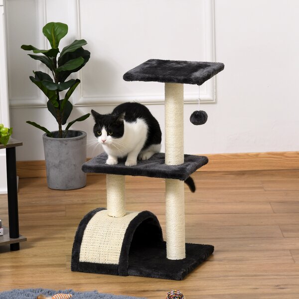 PawHut Albero per Gatti a 3 Livelli con Tappetino Tiragraffi ad Arco, in Legno, Peluche e Sisal, 40x35x72 cm, Grigio