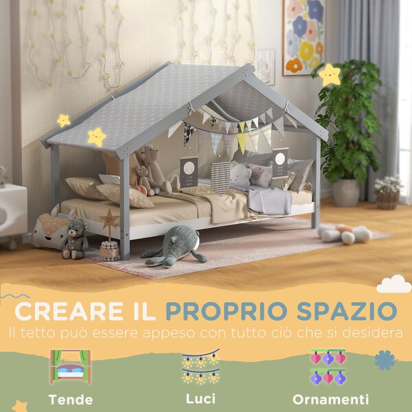 HOMCOM Letto a Casetta in Legno di Pino a 15 Doghe con Tetto Stellato in Tessuto, 213x100x140 cm, Grigio