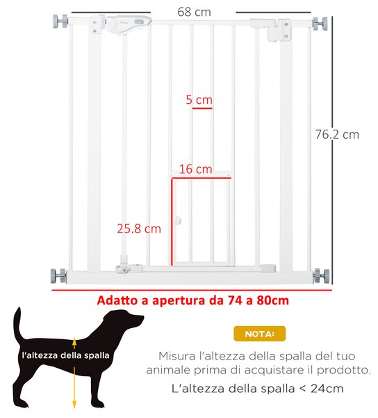 PawHut Cancellino per Cani con Porta Piccola, Montaggio a Pressione e Chiusura Automatica, 74-80x76.2cm, Bianco