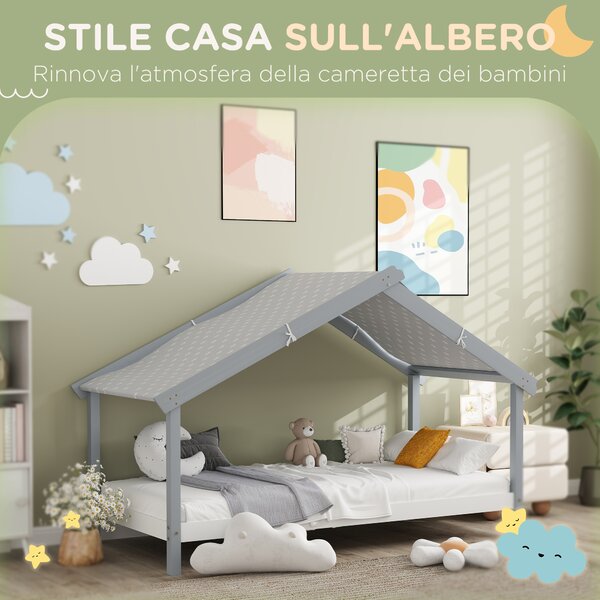HOMCOM Letto a Casetta in Legno di Pino a 15 Doghe con Tetto Stellato in Tessuto, 213x100x140 cm, Grigio