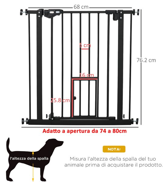 PawHut Cancelletto per Cani Estensibile da 74-80cm con Fissaggio a Pressione, Barriera di Sicurezza con Chiusura Automatica, Nero|Aosom