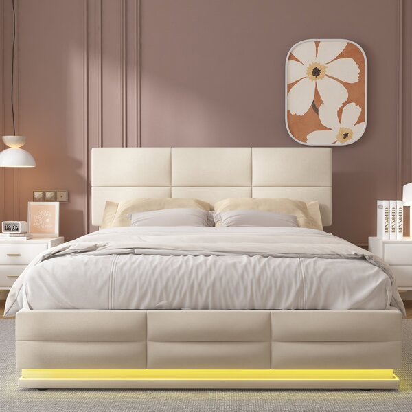 Letto Matrimoniale in Tessuto Vellutato con contenitore, Luci LED e Caricatore USB, 140x200 cm, Beige