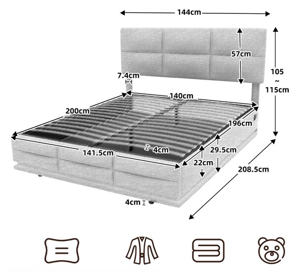 Letto Matrimoniale in Tessuto Vellutato con contenitore, Luci LED e Caricatore USB, 140x200 cm, Beige