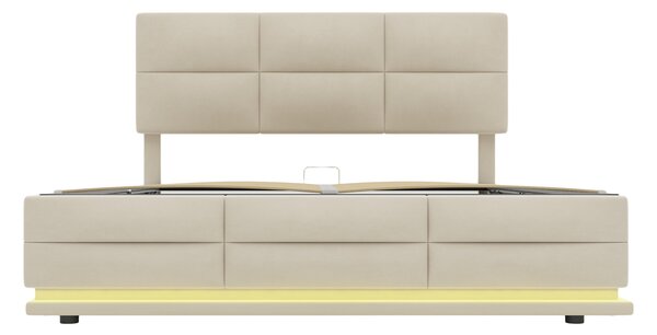 Letto Matrimoniale in Tessuto Vellutato con contenitore, Luci LED e Caricatore USB, 140x200 cm, Beige