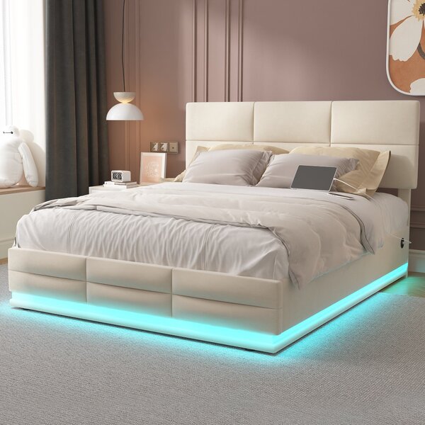 Letto Matrimoniale in Tessuto Vellutato con contenitore, Luci LED e Caricatore USB, 140x200 cm, Beige