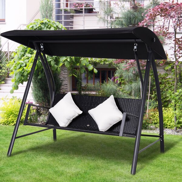 Outsunny Dondolo Polyrattan da Giardino a 3 posti, 2 Cuscini e Baldacchino Ferro e Tetto Idrorepellente Cuscini Sfoderabili 198x124x179cm