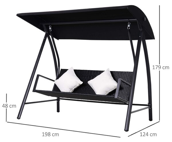 Outsunny Dondolo Polyrattan da Giardino a 3 posti, 2 Cuscini e Baldacchino Ferro e Tetto Idrorepellente Cuscini Sfoderabili 198x124x179cm