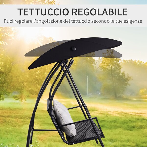 Outsunny Dondolo Polyrattan da Giardino a 3 posti, 2 Cuscini e Baldacchino Ferro e Tetto Idrorepellente Cuscini Sfoderabili 198x124x179cm