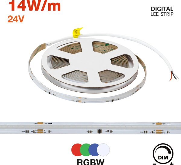 Striscia LED Digitale COB RGBW 24V 14W/m RUNNING Professionale IP20 - 5 metri