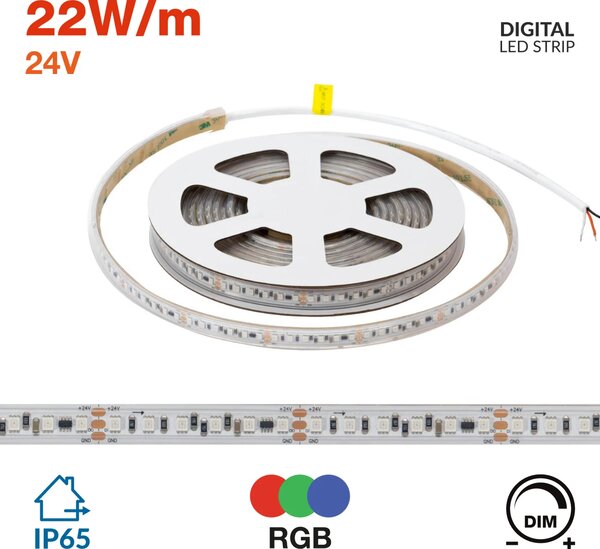 Striscia LED Digitale RGB 24V 22W/m RUNNING Professionale IP65 - 5 metri