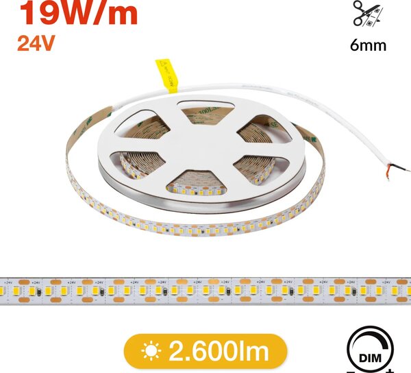 Striscia LED 24V 19W/m Tagliabile ogni 6mm Professionale - IP20 - 5 metri