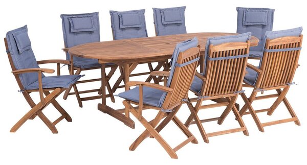 Set da giardino di un tavolo e 8 sedie con cuscini azzurri Beliani