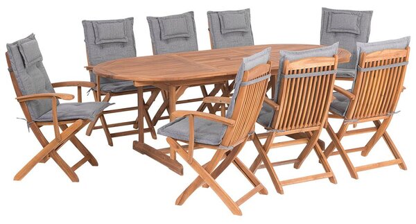 Set da giardino di un tavolo e 8 sedie con cuscini grigi Beliani