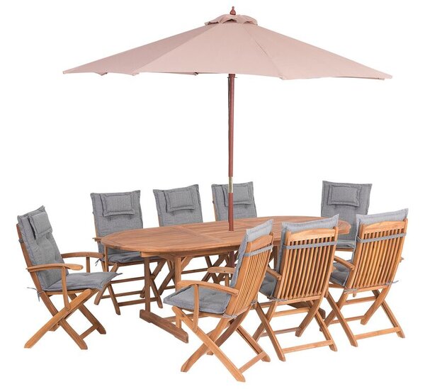 Set da giardino di un tavolo e 8 sedie con cuscini grigi e un ombrellone Beliani